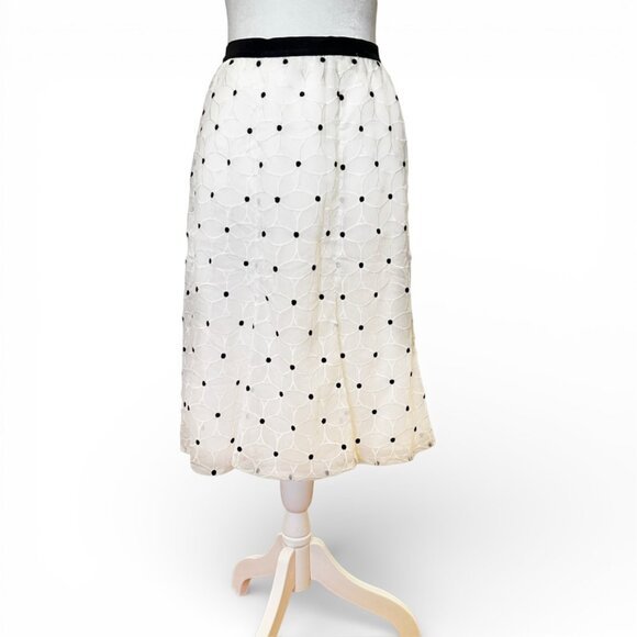 ANN TAYLOR Embroidered Floral A-Line Skirt |  Cream Black Midi Polka Dot | 8 - Picture 2 of 11